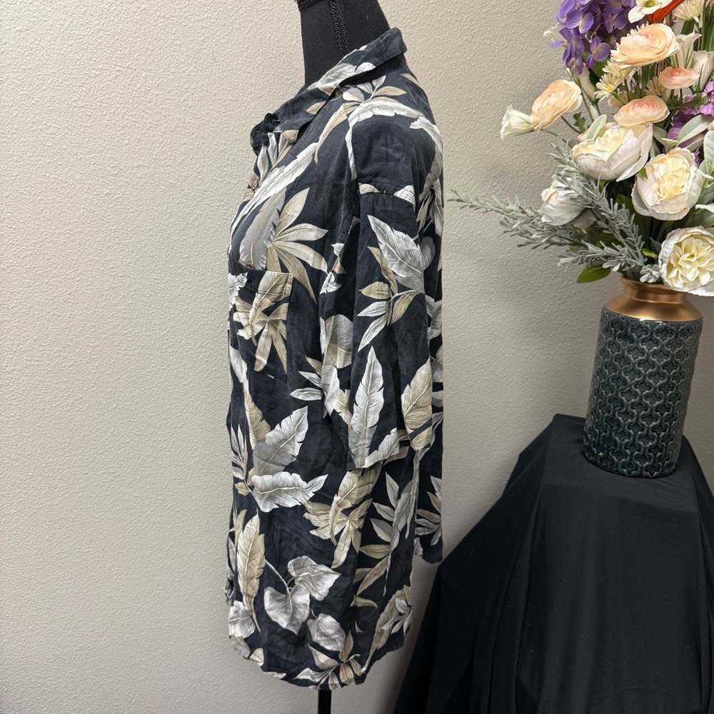 Campia Rayon Hawaiian Shirt XL | Black Tan Tropical Leaf Print Summer Cruise - Picture 3 of 9